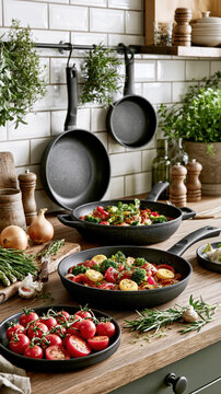 Modern Nonstick Frying Pan in Cozy Kitchen &ndash; AI Generative