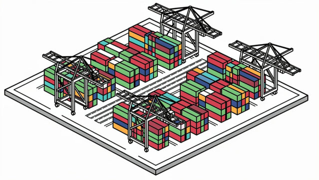 isometric view of busy cargo port with colorful containers cranes and dockyard logistics in vibrant urban setting