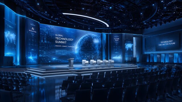 Futuristic global technology summit stage, modern corporate conference hall with blue digital screens, empty auditorium for business seminar