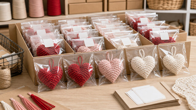 Packaged Crochet Hearts Prepared for Small Business Stockroom