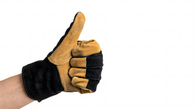 A hand wearing a heavy duty leather and fabric work glove giving a thumbs up