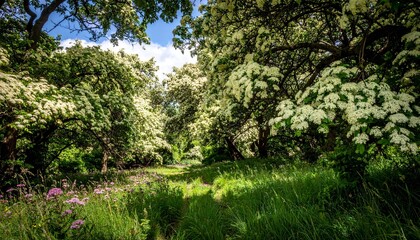 Fototapeta premium Serene forest path surrounded by lush green foliage and sunlight.