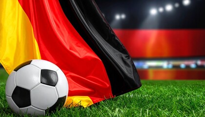 Fototapeta premium Dynamic football scene with Germany’s flag, stadium lights, vibrant atmosphere, soccer ball on grass, national pride, energy, motion, competitive spirit.