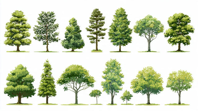 Variety of lush green trees with different shapes and sizes suitable for landscaping and nature scenes