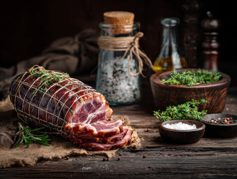 Rustic Smoked Pork Loin with Herbs on Wooden Table .AI Generative