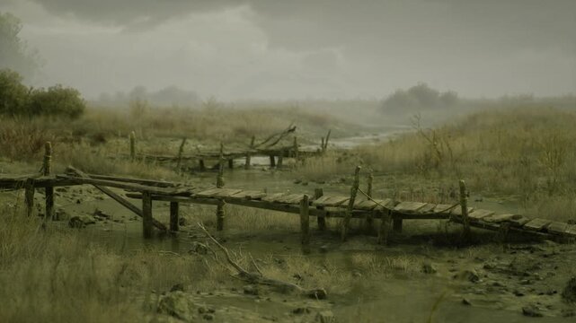 Misty Netherlands marsh weathered wooden boardwalk. Broken planks span soggy reedbeds into low fog, muted palette of greens and grays, damp soil and distant