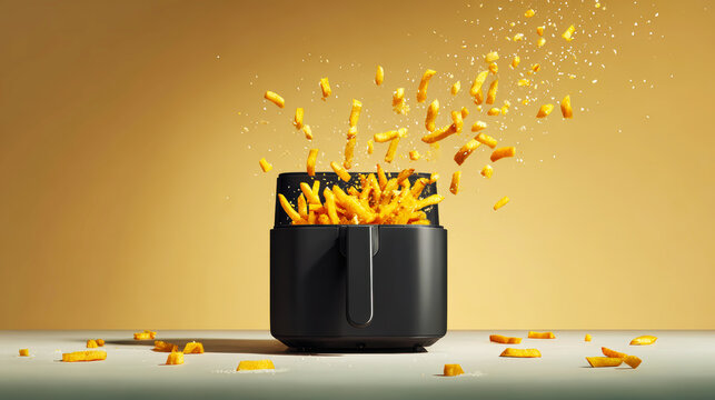 Crispy French Fries in Air Fryer Basket with Hand &ndash; AI Generative