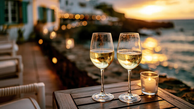 White Wine Glasses at Mediterranean Sunset &ndash; AI Generative