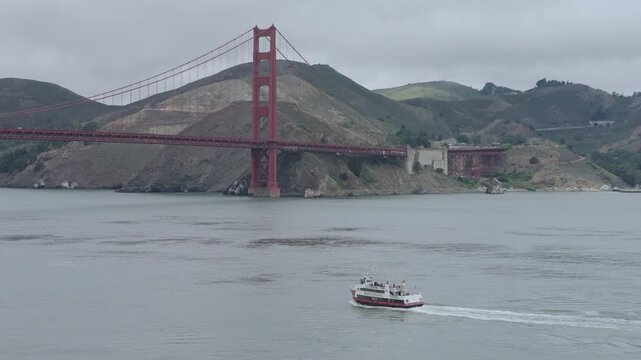 Passenger Ferry Approaching San Francisco Bay Golden Gate Bridge - Epic, Aerial Shot