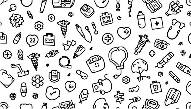 Seamless medical and healthcare background, health check-up, hospital, and clinical equipment icons; minimalist black outline