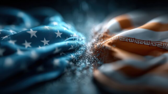 Two national flags, the American and Iranian, clash dramatically in a visual representation of international conflict and tension. ..Created with Generative AI, not depicting real subjects.