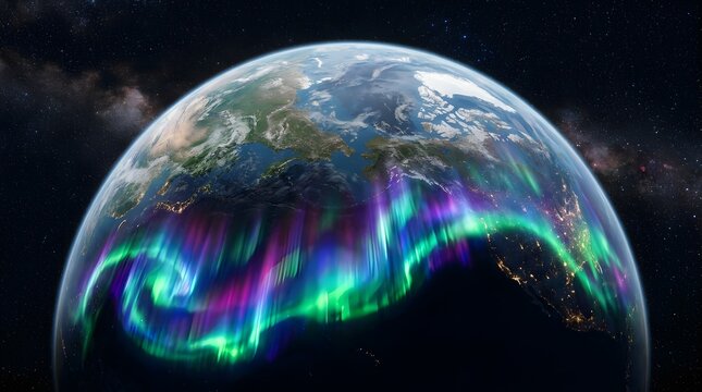 The Earth glows with a massive geomagnetic storm displaying bright green.