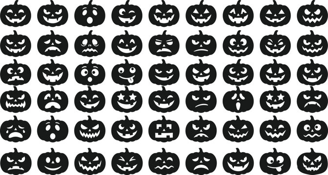 Black jack o lantern faces pattern on a white background halloween pumpkin jackolantern expressions carved silhouette vector graphic design