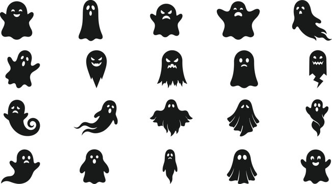 Black Ghost Silhouettes With Varying Expressions And Shapes On A White Background apparition spooky phantom spirit wraith haunted eerie