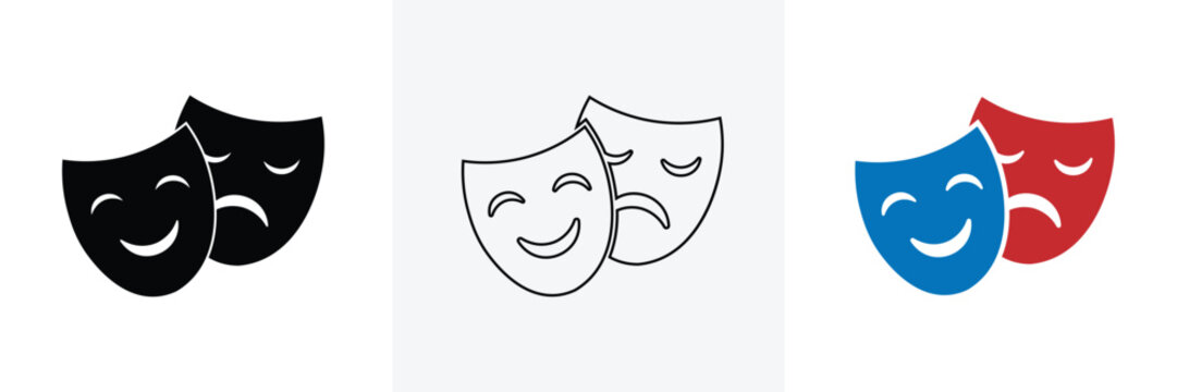 Comedy and Tragedy Theater Masks Vector Set, Traditional Drama Symbols Inspired by Ancient Greek Theater, Melpomene and Thalia Icons in Silhouette Outline and Color Variations.