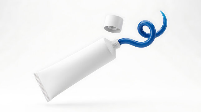 White toothpaste tube with blue paste swirling out