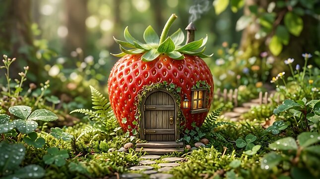 Whimsical fairy house built inside a ripe red strawberry