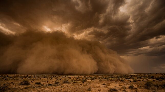 Dust storm sweeps across the arid desert plains under a dark and ominous sky, creating a powerful display of nature's raw intensity and the overwhelming force of atmospheric weather phenomena today.
