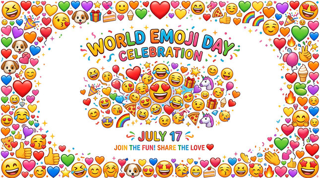  "WORLD EMOJI DAY CELEBRATION" text outlined in yellow with confetti and emojis scattered around. Below that, "JULY 17", HD and k image