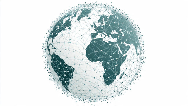 Futuristic digital globe with interconnected lines and nodes representing global connectivity in shades of blue and green
