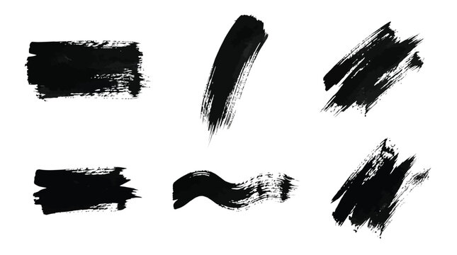 Six distinct black ink brush strokes with rough textured edges captured on a white paper surface