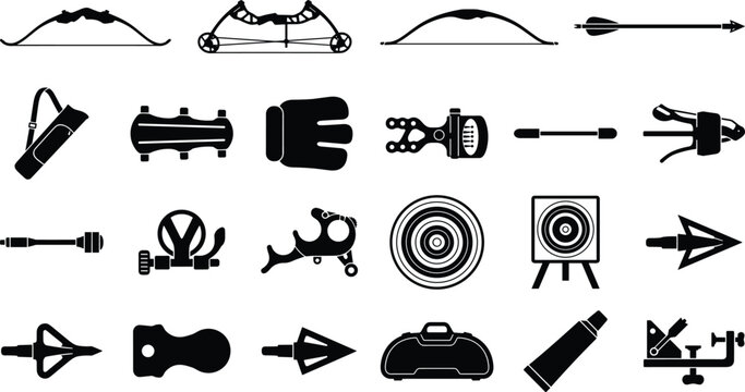 Archery equipment and bow hunting gear black icon vector set with recurve bow, compound bow, arrow, target, quiver, and broadhead silhouettes