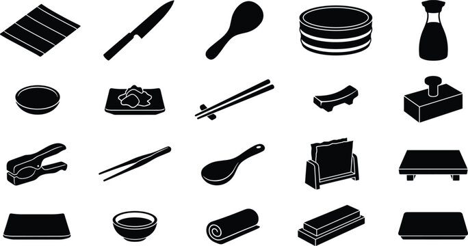 Sushi making tools and Japanese culinary equipment black icon vector set with bamboo rolling mat, sashimi knife, hangiri tub, chopsticks, soy sauce bottle, and geta serving board silhouettes
