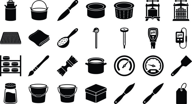 Cheesemaking equipment and tools black icon vector set with cheese press, molds, curd knife, thermometer, pot, and milk can silhouettes