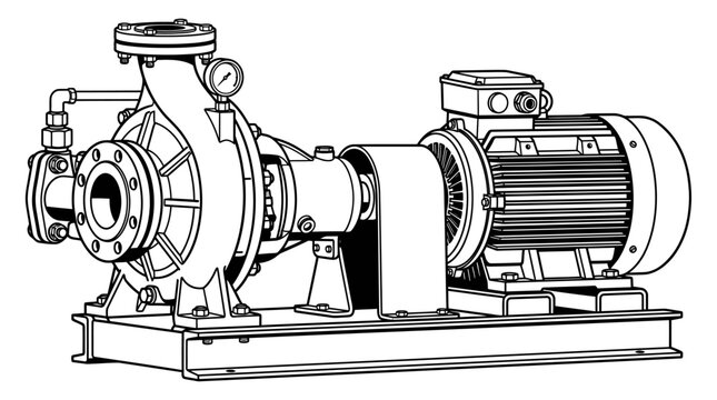 Industrial water pump with electric motor and pressure gauge illustration
