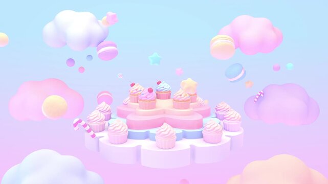 Cute floating stage with cupcakes, surrounded by macarons, candy canes, stars, and clouds in the sky animation. (loop)