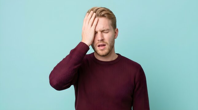 Blonde man in a dark red sweater looking stressed while holding his hand to his forehead with a disappointed expression against a solid light blue background