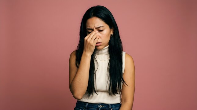 Stressed young woman with long dark hair holds her nose bridge while feeling exhausted and overwhelmed against a plain solid pink studio background portrait shot