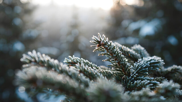 Frost covered spruce pine needles in a bright winter forest background