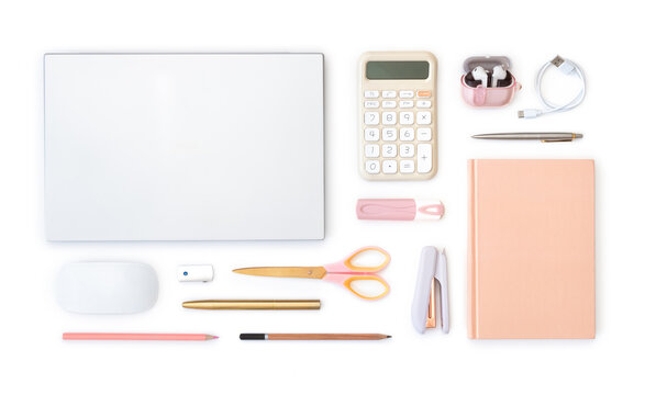 Different educational and office supplies top view on white background