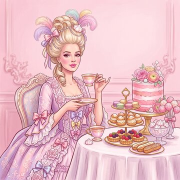 Soft digital illustration of elegant rococo baroque woman with feathered pastel wig, sipping tea at pink dessert table with tiered cake, macarons, eclairs and cream puffs decorations.