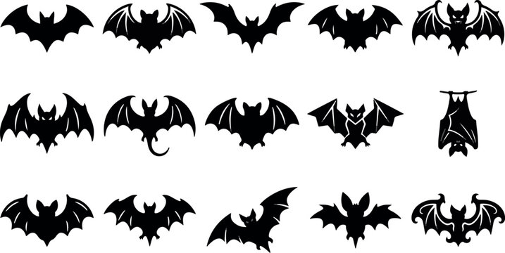 Collection of black bat silhouettes for halloween decor and design