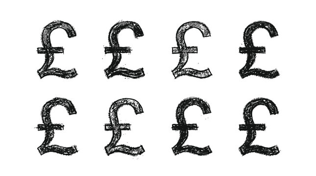 Eight black charcoal pound sterling currency symbols drawn neatly on a clean white textured paper
