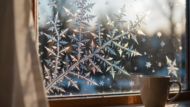 A cup of hot coffee sitting on a window sill with beautiful frost patterns