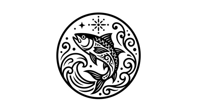 Stylized Fish Jumping Through Waves Emblem