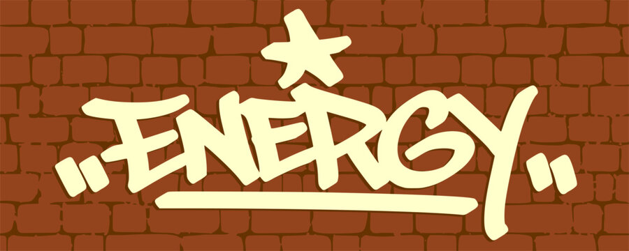 Energy word hand drawn in white marker graffiti tag style on a brown brick wall background. Dynamic fire power lettering element for creative urban streetwear apparel and modern graphic design.