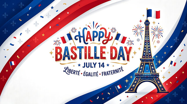  White background with red, white, and blue ribbons framing "HAPPY BASTILLE DAY", a blue-and-gold Eiffel Tower on the right, and "LIBERT&Eacute; - &Eacute;GALIT&Eacute; - FRATERNIT&Eacute;", HD and 4k image