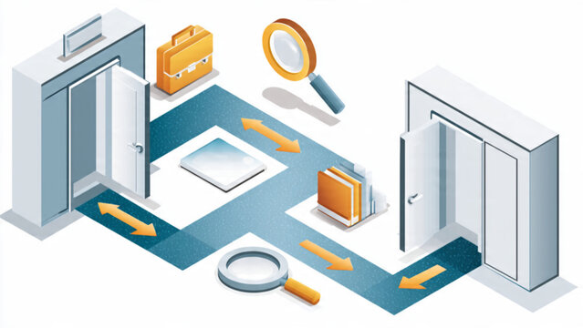 isometric illustration of elevator process with doors open and objects transferring between floors in modern building