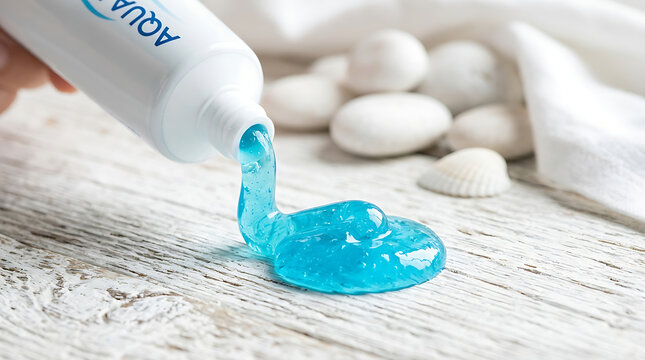 Blue gel toothpaste squeezed from tube onto wooden surface