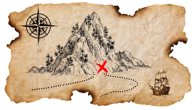 Old treasure map with compass rose mountain dotted path and ship, isolated on transparent background