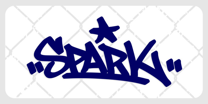 Spark word hand drawn in bold blue marker graffiti tag style on a grid fence background. Creative fire energy lettering element for urban streetwear apparel design.