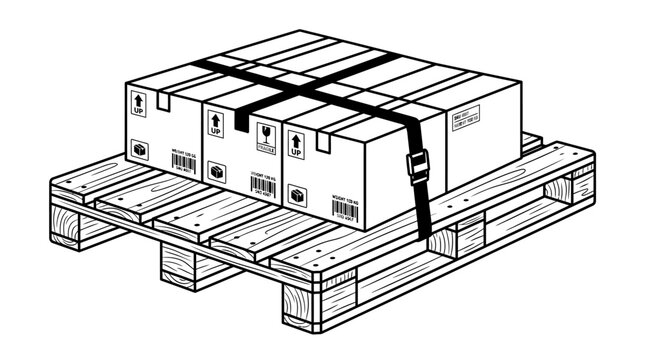 Shipping boxes secured on wooden pallet with straps for transport