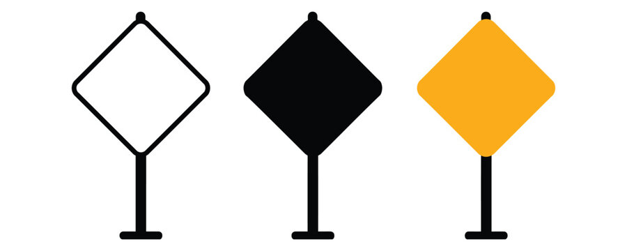 Diamond warning road sign icon set with roadside direction information