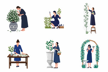 Fototapeta premium Set of illustrations depicting a woman engaged in various gardening and botanical activities such as plant care, sketching jasmine flowers, and photography.
