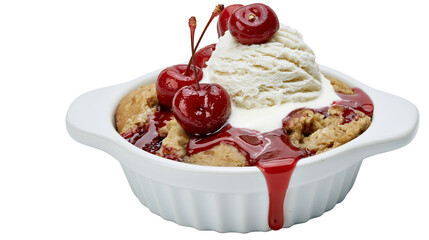 Warm cherry cobbler with vanilla ice cream and cherry syrup, isolated on transparent background © VSTOCK