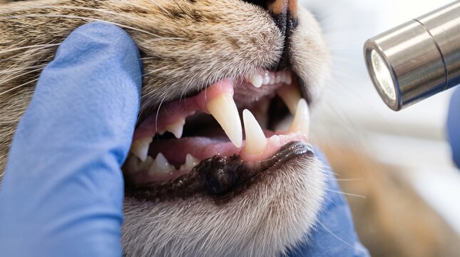 Veterinarian carefully examining a cat's teeth with a flashlight, showcasing dedicated cat healthcare for maintaining optimal oral hygiene and preventing dental issues in pets